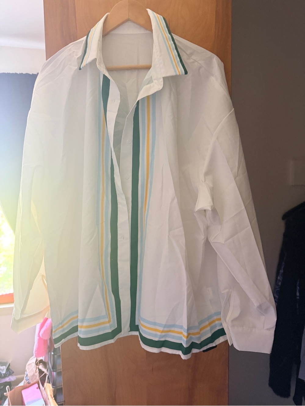 White Button-Up Shirt with Green & Yellow Stripe Detail